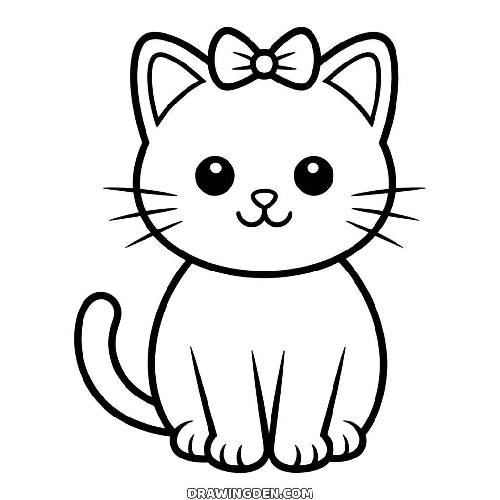 Kitten sitting with a bow tied between its ears and both paws together, simple cat drawing