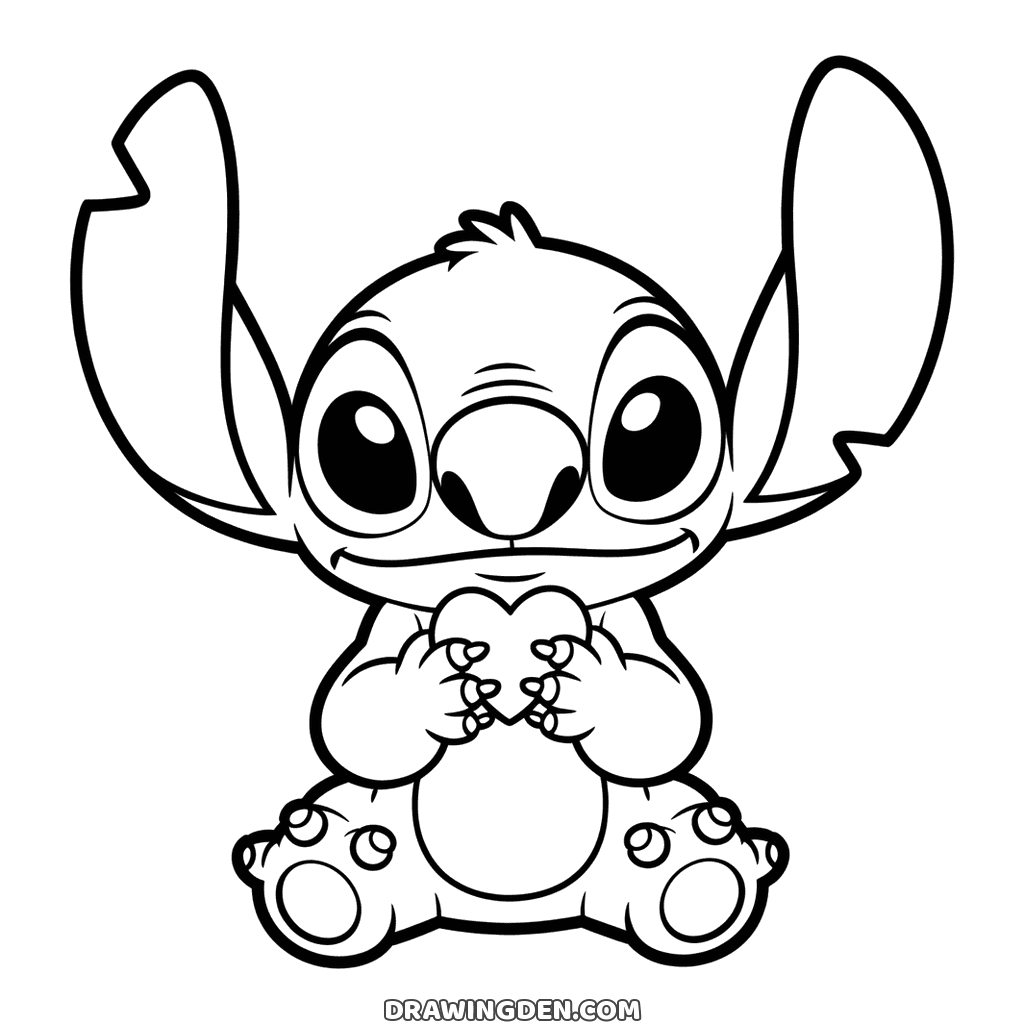 Adorable Stitch sitting with a small heart held under his chin and the spotted pads of both feet turned forward
