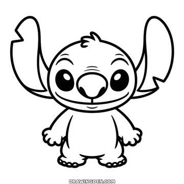 Stitch serisinden Angel tek başına duruyor, uzun kulaklarının uçları kıvrık ve küçük bir gülümsemesi var, kolay çizim