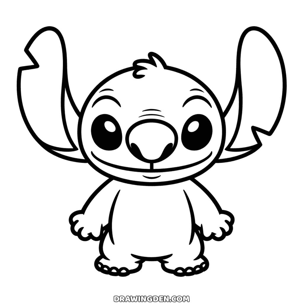 Stitch serisinden Angel tek başına duruyor, uzun kulaklarının uçları kıvrık ve küçük bir gülümsemesi var, kolay çizim