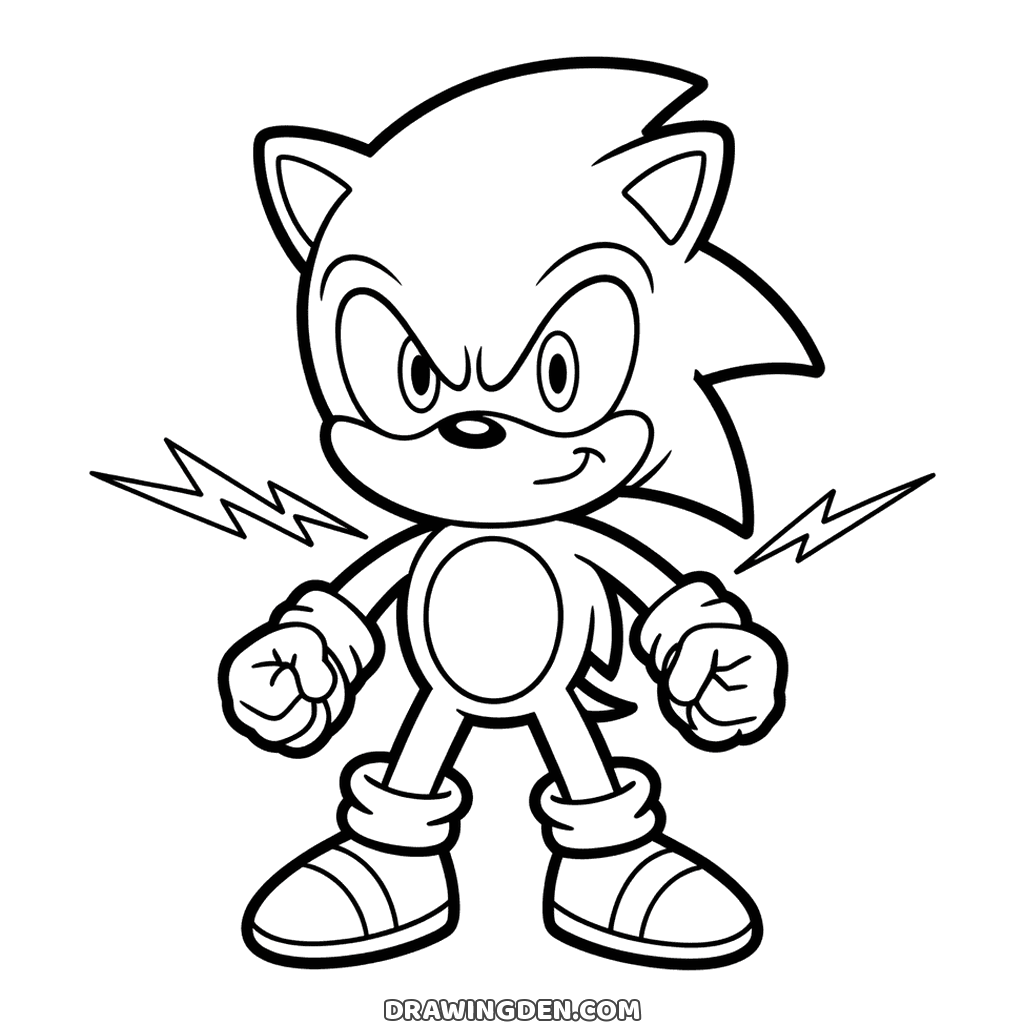 Angry Sonic with a fierce frown and clenched gloved fists, two lightning bolts crackling on either side of him