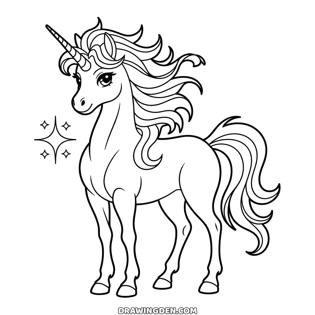 Anime style unicorn standing with a long flowing mane, a spiral horn and sparkles beside it