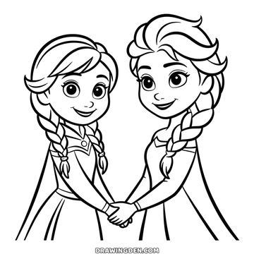 Prensesler Anna ve Elsa elleri birleşmiş yan yana duruyor, ikisi de uzun elbiseli ve örgülü, basit çizim