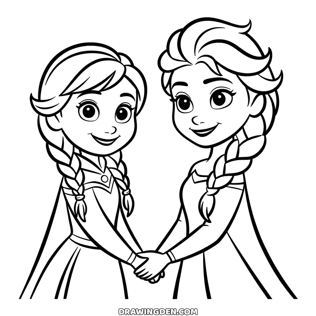 Prensesler Anna ve Elsa elleri birleşmiş yan yana duruyor, ikisi de uzun elbiseli ve örgülü, basit çizim