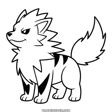 Rysunek Pokémon Arcanine stojącego bokiem z pasami na bokach, grubą grzywą i rozwianym ogonem