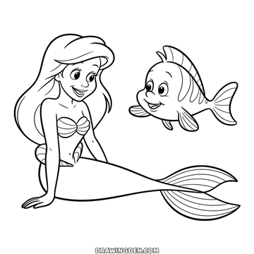 Princess Ariel swimming underwater with her long hair streaming and the small striped fish Flounder beside her
