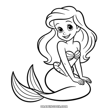Ariel the mermaid princess sitting with her long hair over one shoulder and her tail curled round in front of her