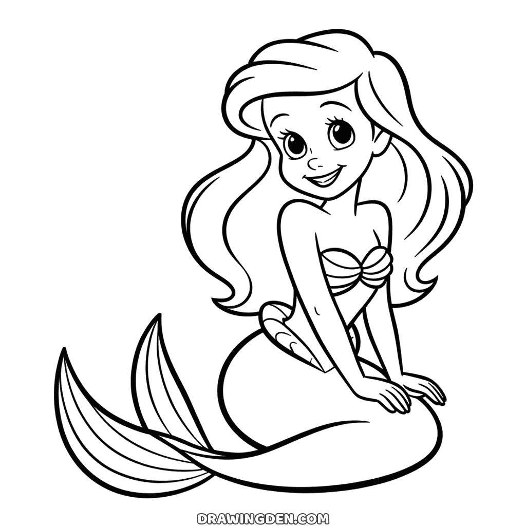 Ariel the mermaid princess sitting with her long hair over one shoulder and her tail curled round in front of her