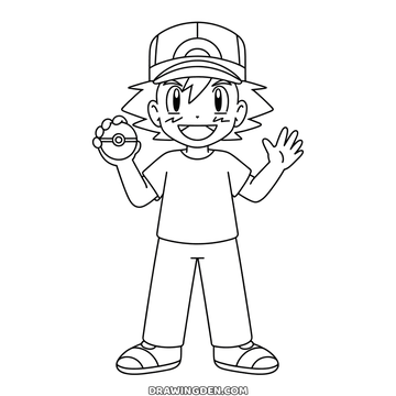 Trener Pokémon Ash stoi w czapce z poké ballem wyciągniętym w jednej ręce, darmowa strona do druku