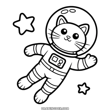 Astronaut cat drawing floating in a space suit with a round glass helmet and stars scattered around
