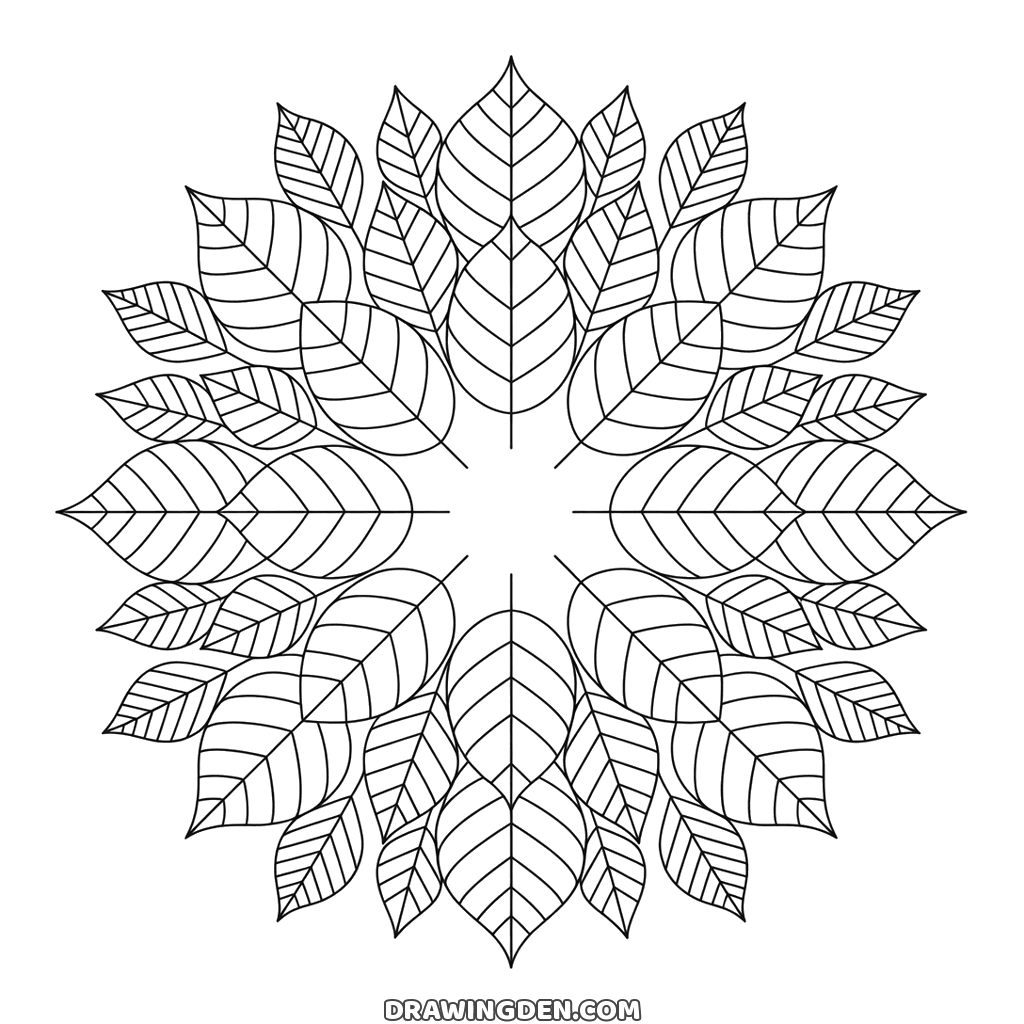 Autumn leaf mandala with dozens of veined leaves arranged in rings around an empty center