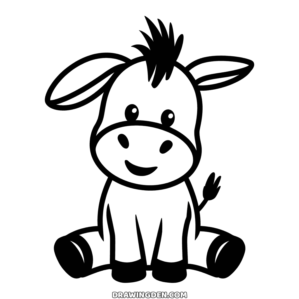 Baby donkey sitting with its long ears out to the sides, a tuft of hair on its head, a big muzzle and a tufted tail
