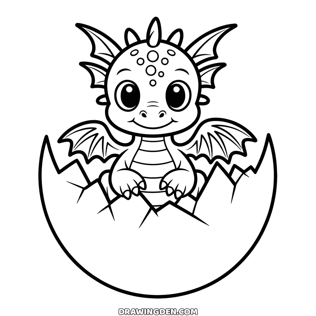 Baby dragon coloring page hatching from a cracked egg with the shell still around its middle