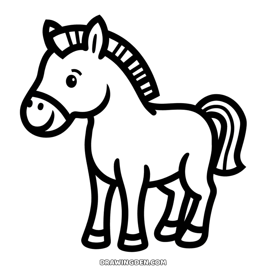 Baby horse drawing standing on four legs with a striped mane and a short tail, thick outline page for young children