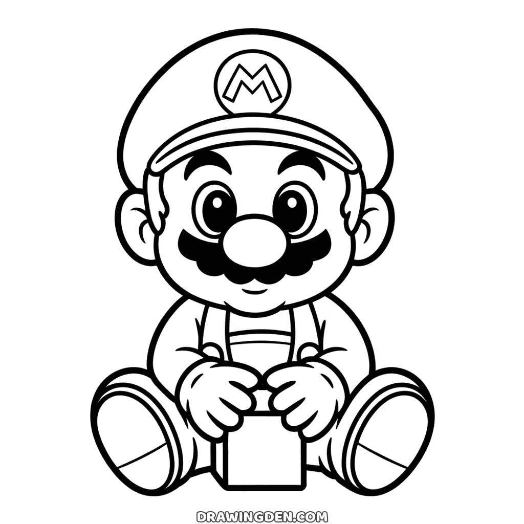 Baby Mario sitting with his legs out, holding a small block in both hands, with a big cap and a mustache