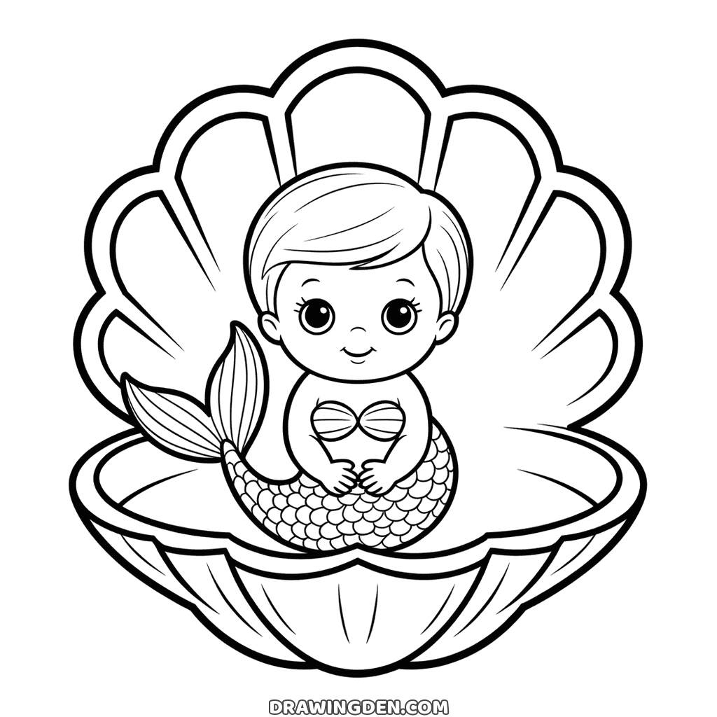 Baby mermaid coloring page sitting inside a large open scallop shell with a small curled tail