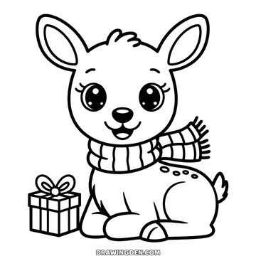 Christmas baby reindeer lying down with large eyes and a striped scarf, a wrapped present beside it and spots along its flank