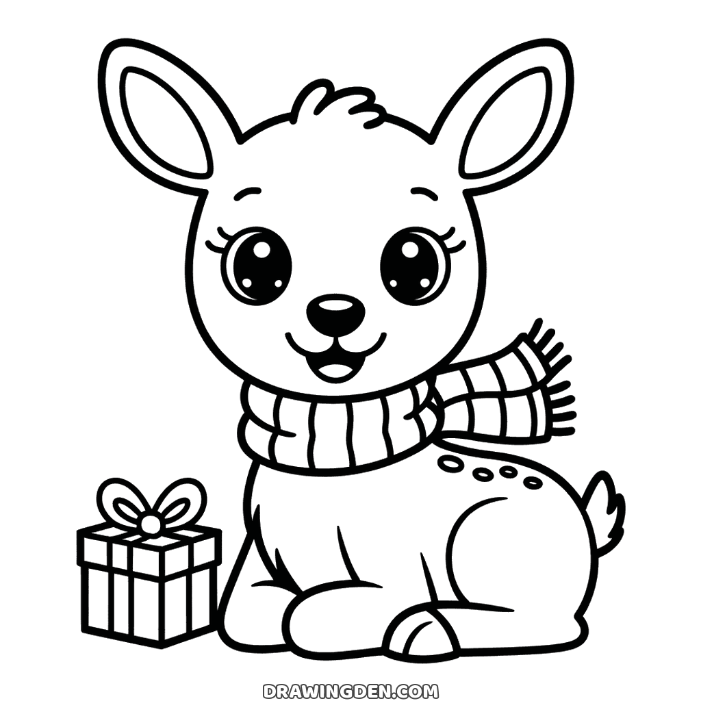 Christmas baby reindeer lying down with large eyes and a striped scarf, a wrapped present beside it and spots along its flank