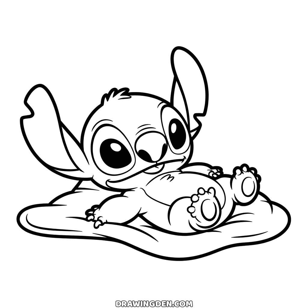 Bebé Stitch tumbado boca abajo con los dos pies levantados por detrás, dibujo sencillo para los pequeños