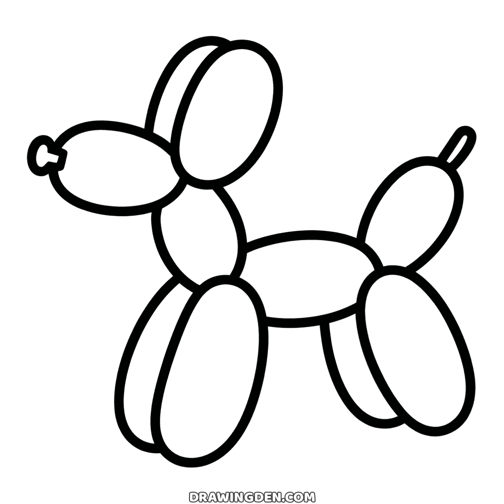 Simple drawing of a balloon dog, its body and legs made of tubes joined at pinched knots