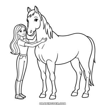 Barbie in riding trousers and boots standing beside a large horse, both hands on its neck while the horse turns its head toward her
