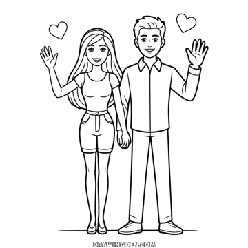 Barbie and Ken standing side by side holding hands, each waving with the other hand, two hearts floating above them