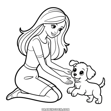 Barbie kneeling on the ground with both hands reaching out to a small puppy that bounces toward her with its tongue out