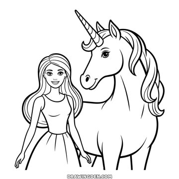 Barbie in a sleeveless top and skirt standing next to a unicorn with a long spiral horn, its mane flowing down its neck