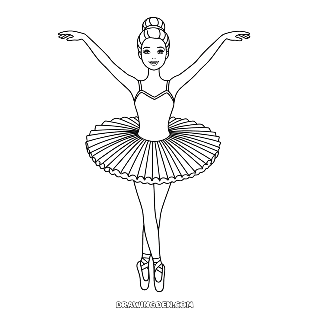 Barbie ballerina standing on her toes in pointe shoes, arms raised above her head and a pleated tutu