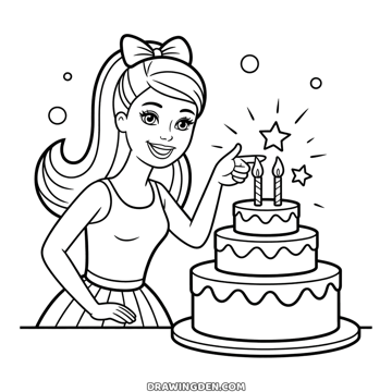 Barbie with a bow in her hair pointing at the candles of a three-tier birthday cake, little stars and bubbles around