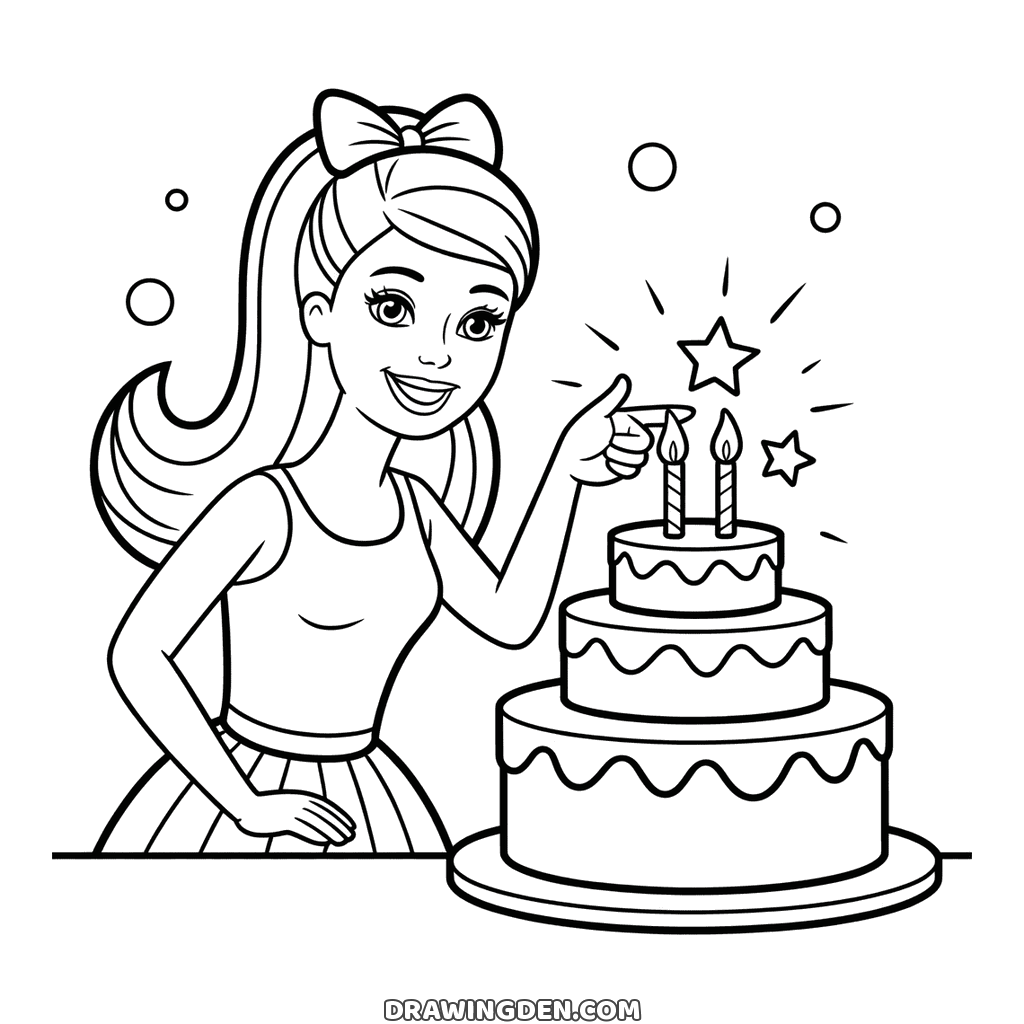 Barbie with a bow in her hair pointing at the candles of a three-tier birthday cake, little stars and bubbles around