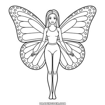 Barbie standing straight with large butterfly wings spread behind her, the wing edges dotted with small circles