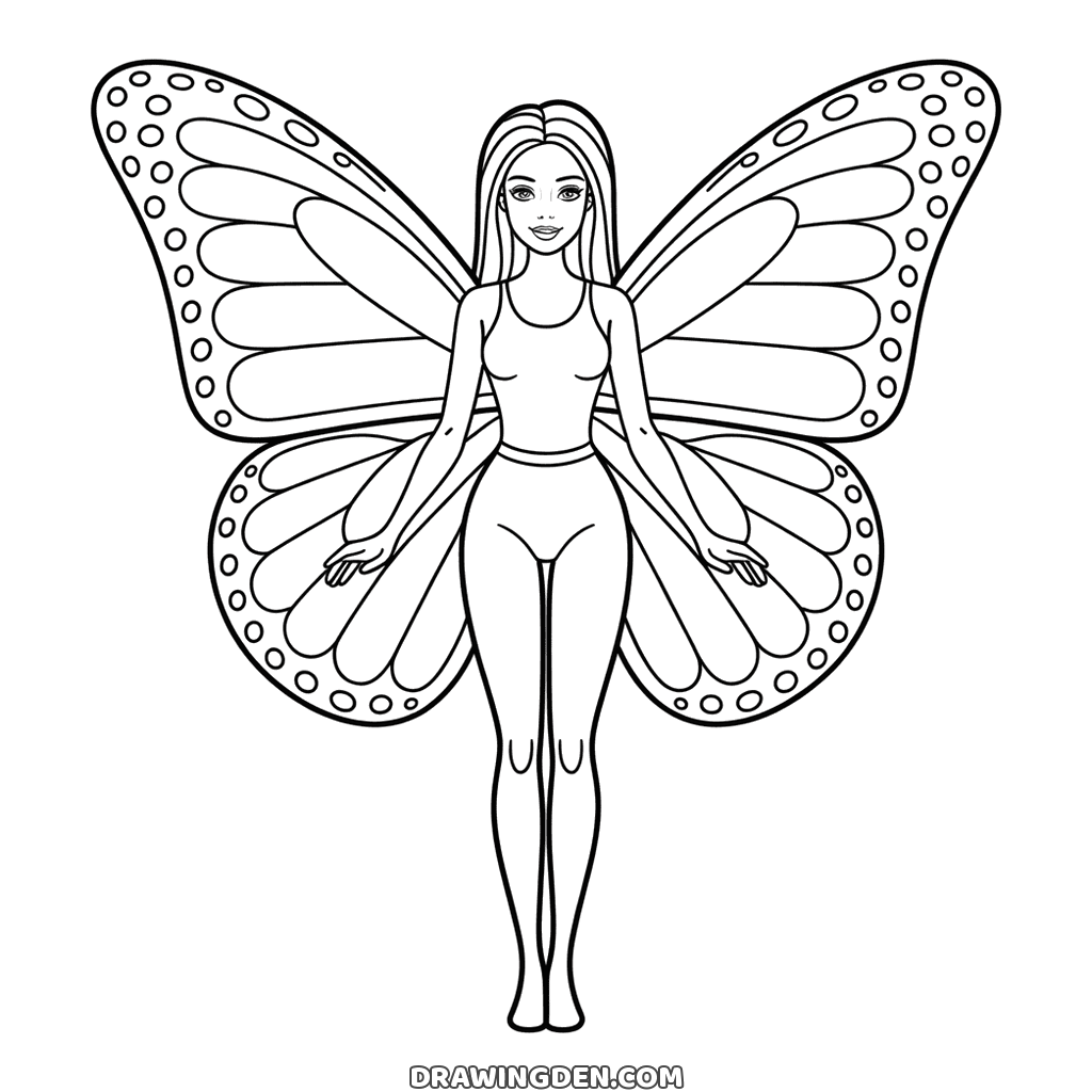 Barbie standing straight with large butterfly wings spread behind her, the wing edges dotted with small circles