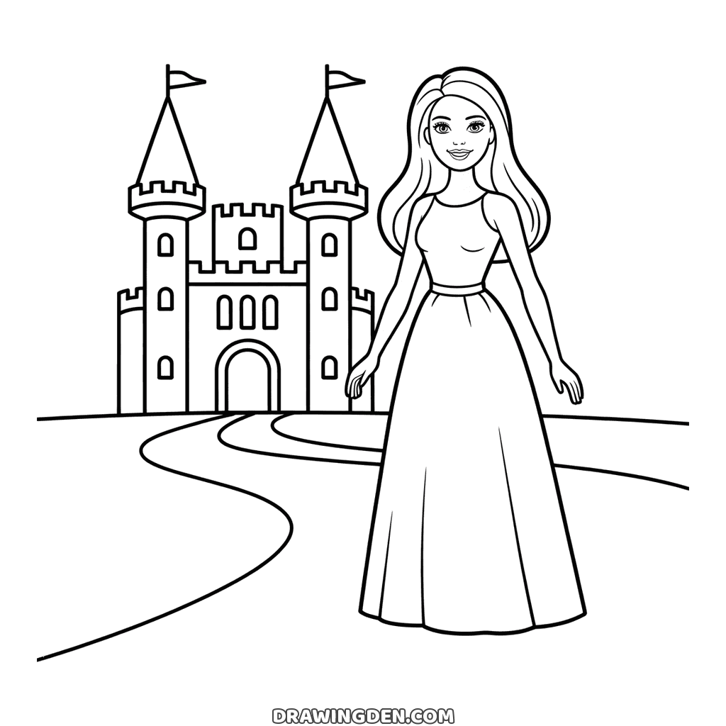 Barbie in a long gown standing beside a castle with two pointed towers and flags, a winding path leading to the gate