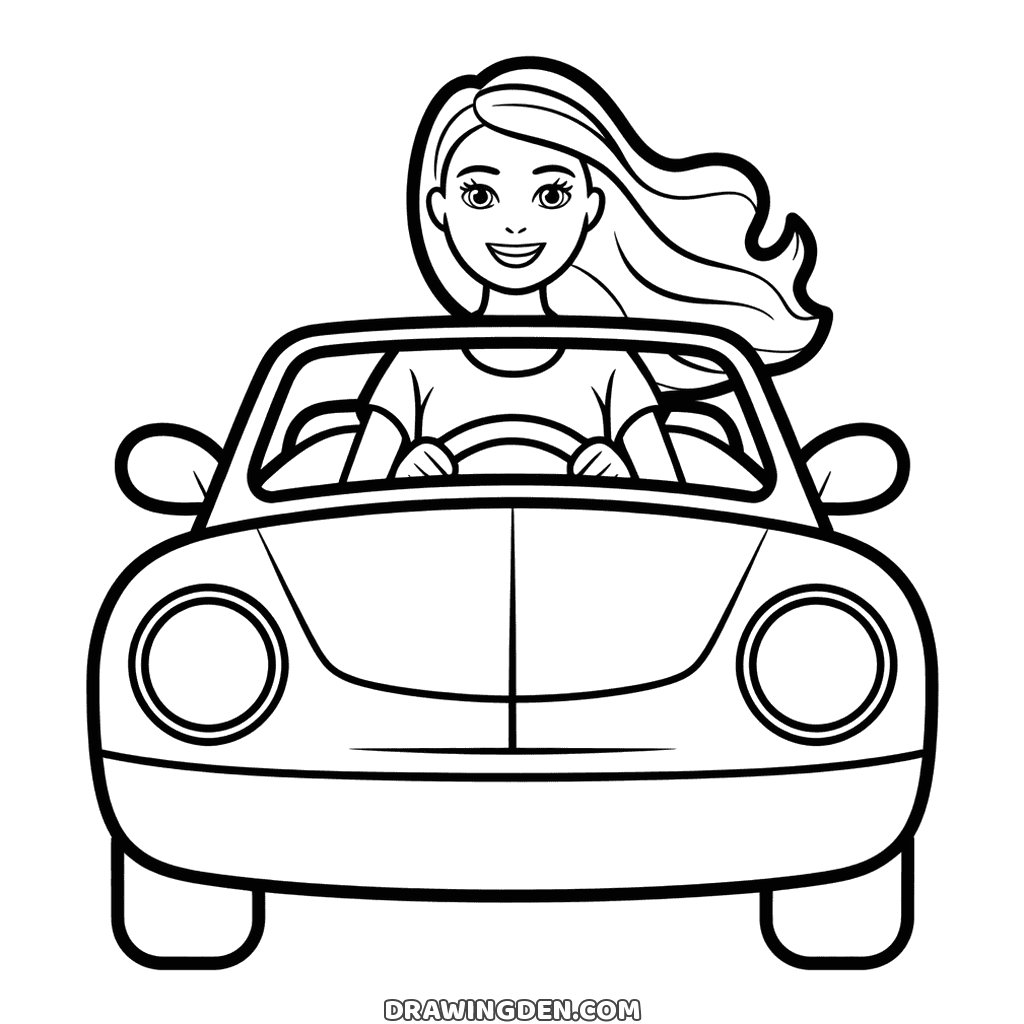 Barbie driving a convertible car seen from the front, both hands on the steering wheel and her hair blowing to one side