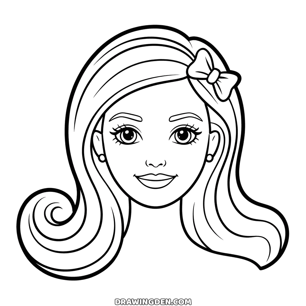 Barbie face drawn large, long wavy hair curling at the ends, a bow on one side, small earrings and a closed smile
