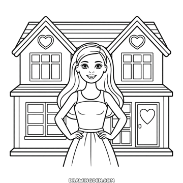 Barbie standing with her hands on her hips in front of a two-storey house with hearts in the two gables and on the door