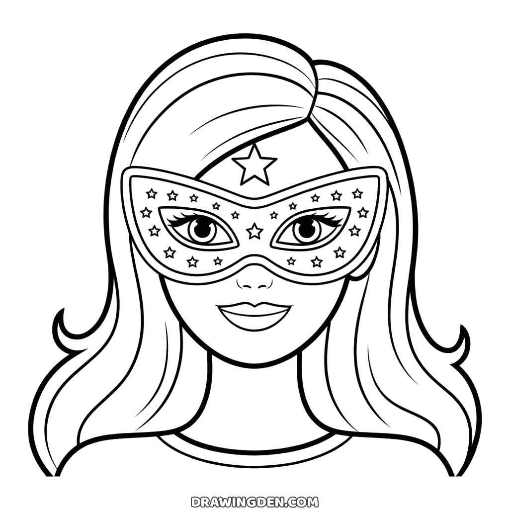Barbie's face wearing a masquerade eye mask covered in small stars, a bigger star at the top and long hair around her face