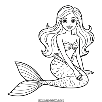Barbie as a mermaid sitting with her scaled tail curled to one side, a shell top and long wavy hair