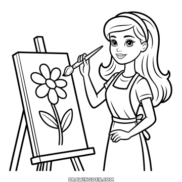 Barbie in an apron holding a paintbrush up to a canvas on an easel, a large flower painted on it, her other hand on her hip