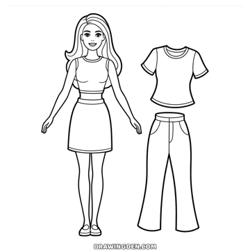 Barbie paper doll standing in a top and skirt, with a separate T-shirt and a pair of trousers drawn beside her to cut out