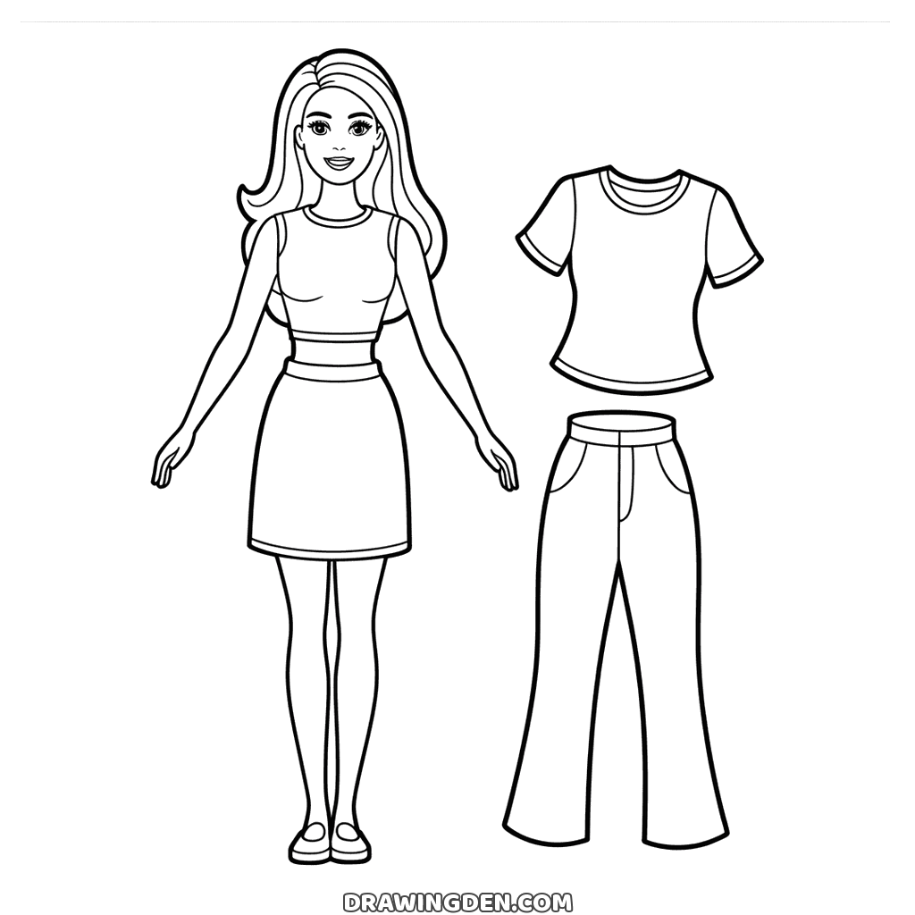 Barbie paper doll standing in a top and skirt, with a separate T-shirt and a pair of trousers drawn beside her to cut out