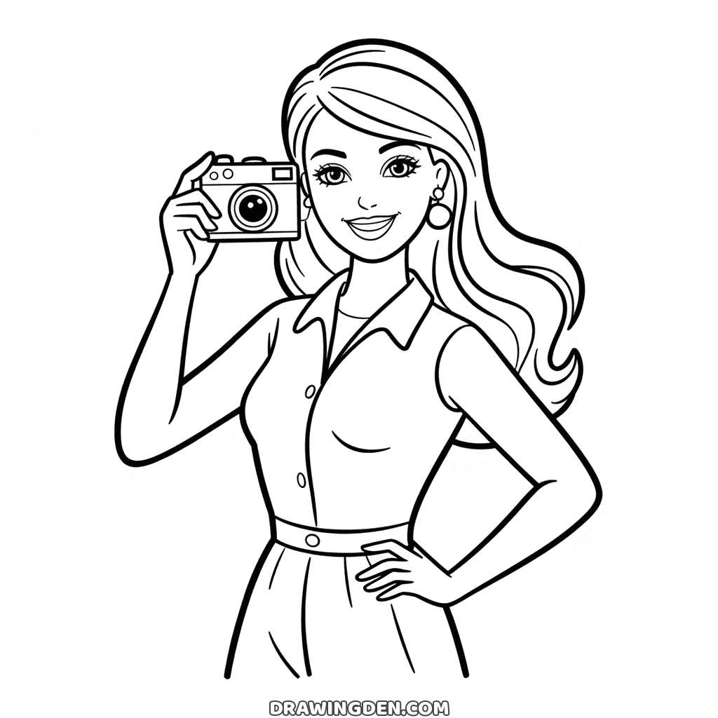 Barbie holding a camera up beside her face with one hand, the other hand on her hip, in a buttoned dress with a belt