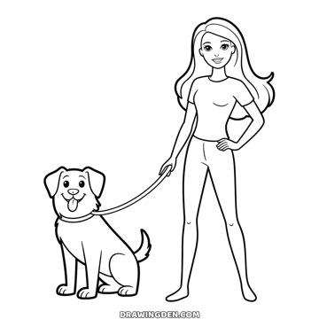 Barbie standing in a T-shirt and long trousers with one hand on her hip, holding the leash of a sitting dog with floppy ears and its tongue out