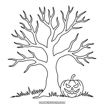 Bare halloween tree coloring page: a leafless tree with forking branches, grass at the roots and a carved pumpkin at its foot