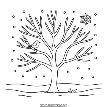 Bare winter tree with spreading branches and a small bird perched on one, snow falling around