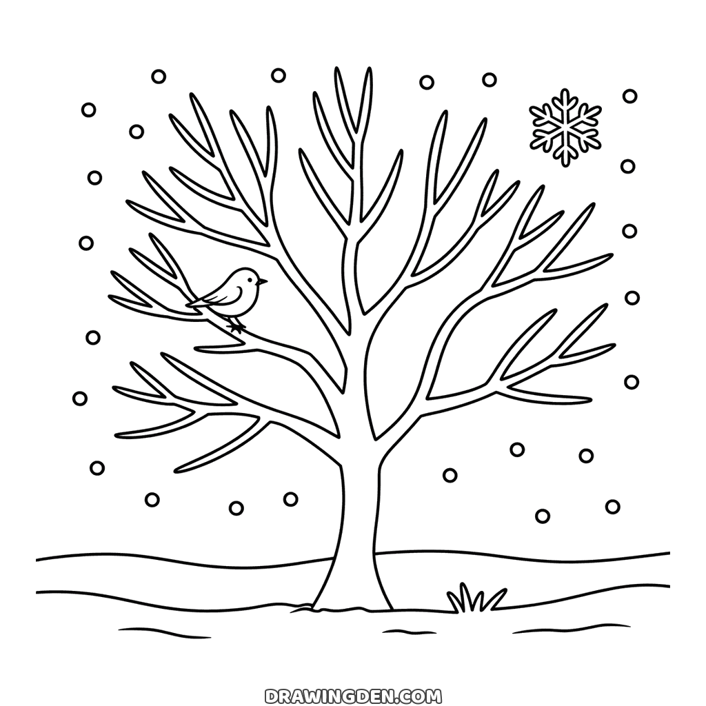 Bare winter tree with spreading branches and a small bird perched on one, snow falling around