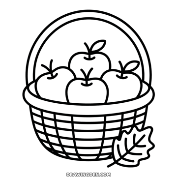 Woven basket filled with apples with stems and leaves, a fall leaf lying beside it