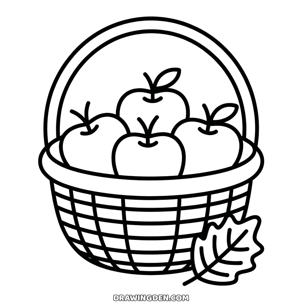 Woven basket filled with apples with stems and leaves, a fall leaf lying beside it