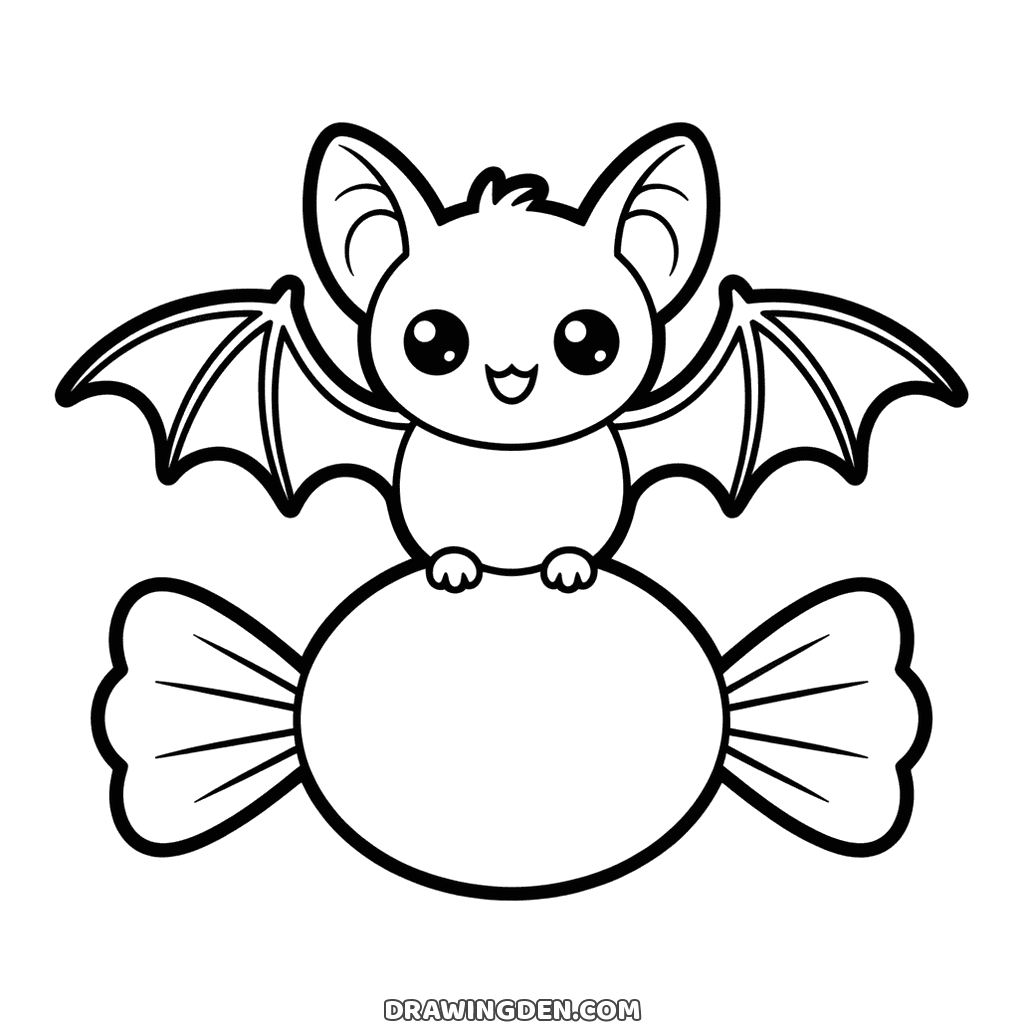 Halloween bat on a candy coloring page: a kawaii bat with big round eyes and two fangs, wings spread, sitting on a wrapped sweet